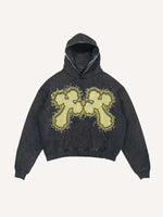 Distressed Washed Cross&Skull Faux Decal Print Slant Pockets Hoodie