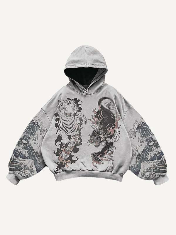 Black Panther&Tiger&Graphic Print Slant Pockets Hoodie