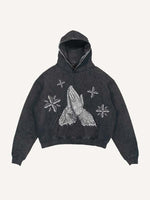 Distressed Washed Mary&Letter Pray Faux Rhinestones Print Slant Pockets Hoodie