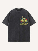 Distressed Washed Sun&Letter Print Round Neck T-shirt