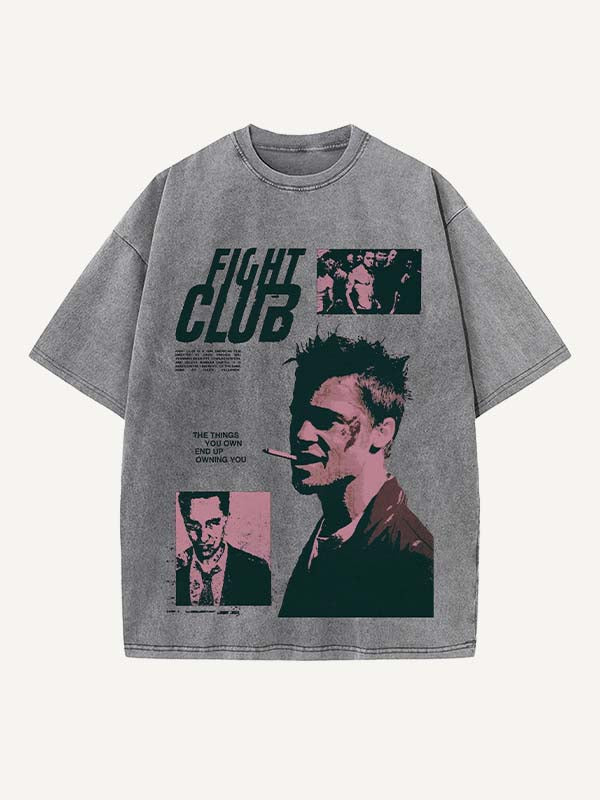 Distressed Washed Figure&Smoke&Letter Print Round Neck T-shirt