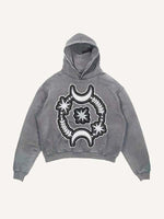 Distressed Washed Moon&Star&Eye Faux Decal Print Slant Pockets Hoodie
