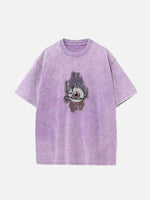 Distressed Washed Eyeball&Fire&Eye Faux Decal Print Round Neck T-shirt