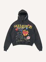 Distressed Washed Skeleton&Letter&Heart Print Slant Pockets Hoodie