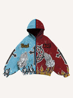 Colorblock Angel&Devil&Graphic&Letter Faux Decal Print Slant Pockets Hoodie