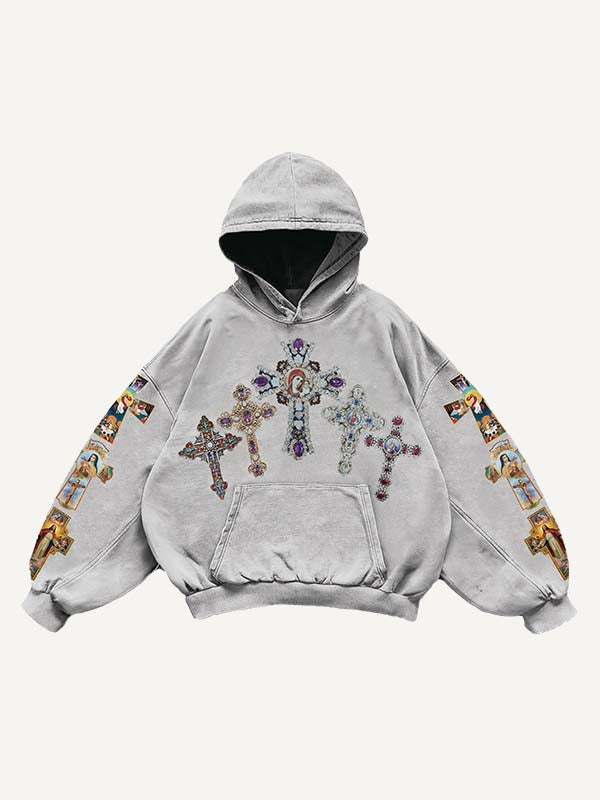 Cross&Figure&Pray&Graphic&Letter Print Slant Pockets Hoodie