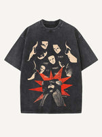 Distressed Washed Figure&Letter Print Round Neck T-shirt