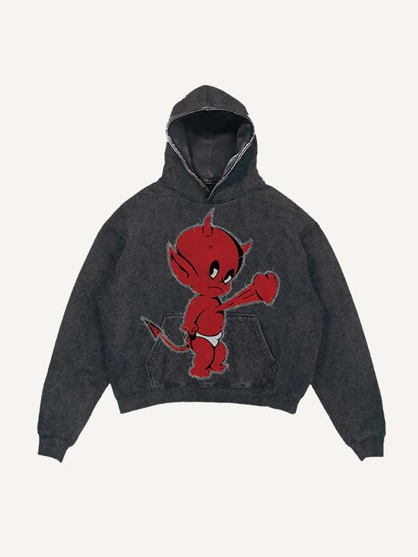Distressed Washed Little Devil Heartbeat Faux Decal Print Slant Pockets Hoodie