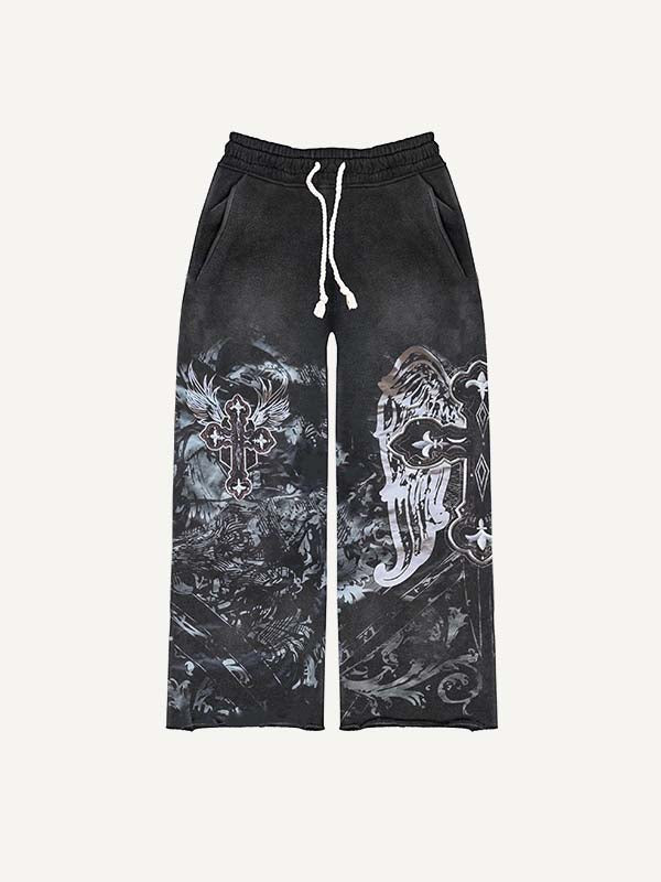 Cross&Wing&Graphic Print Elastic Waist Pants