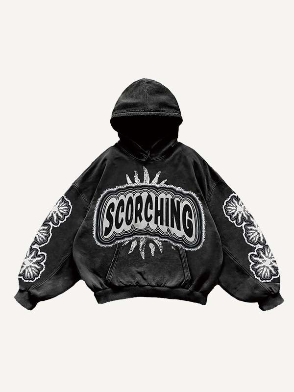 Mouth&Eye&Letter Faux Decal Print Slant Pockets Hoodie