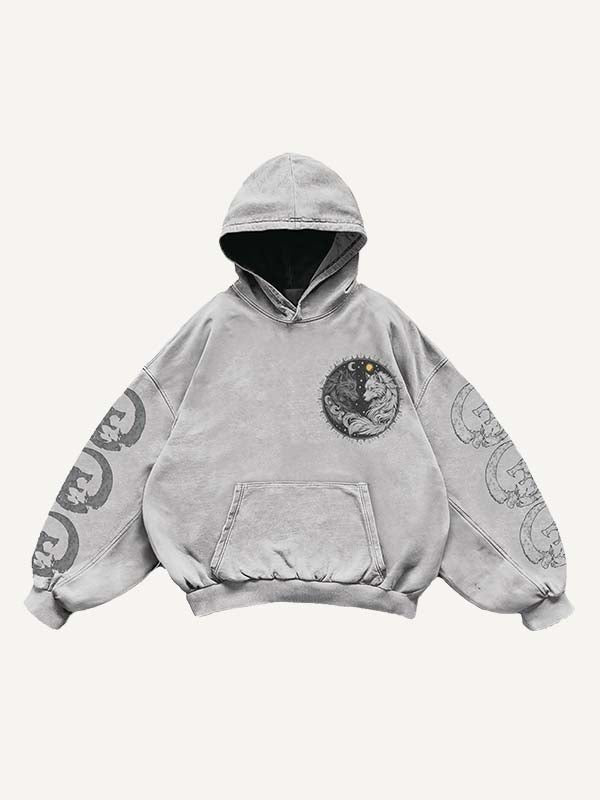 Wolf&Sun&Moon&Letter Print Slant Pockets Hoodie