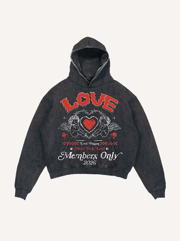 Distressed Washed Cupid&Heart&Letter Print Slant Pockets Hoodie