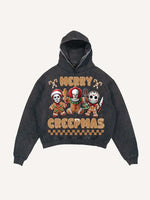Distressed Washed Christmas Horror Print Slant Pockets Hoodie