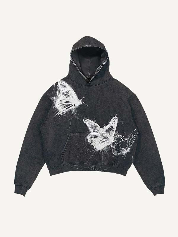 Distressed Washed Butterfly Print Slant Pockets Hoodie
