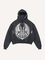 Distressed Washed Demon&Wing&Letter Faux Rhinestones Print Slant Pockets Hoodie