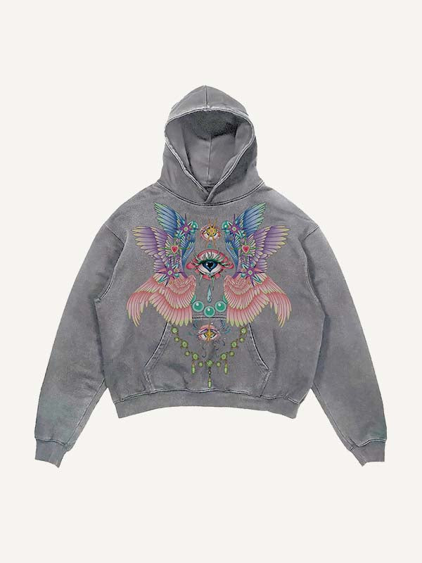 Distressed Washed Eye&Wing Print Slant Pockets Hoodie