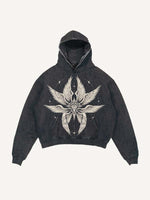 Distressed Washed Wing&Eye Print Slant Pockets Hoodie