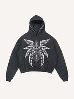 Distressed Washed Eye&Wing Print Slant Pockets Hoodie