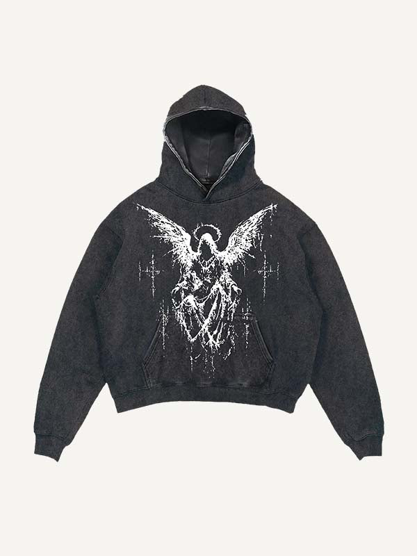 Distressed Washed Figure&Wing Print Slant Pockets Hoodie