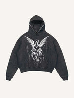 Distressed Washed Figure&Wing Print Slant Pockets Hoodie