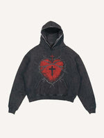 Distressed Washed Cross&Heart Print Slant Pockets Hoodie