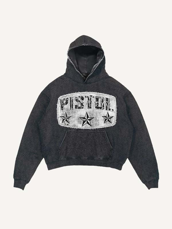 Distressed Washed Pistol&Letter Faux Decal Print Slant Pockets Hoodie