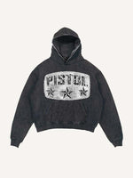 Distressed Washed Pistol&Letter Faux Decal Print Slant Pockets Hoodie