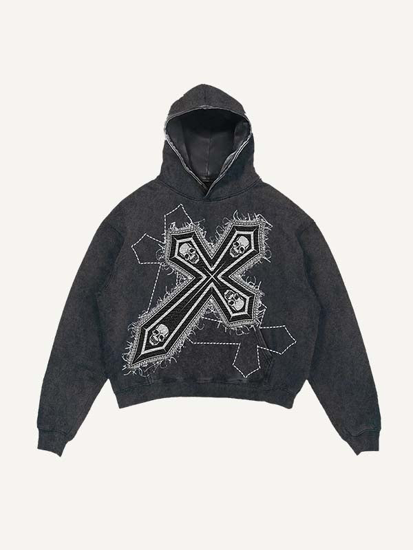 Distressed Washed Skull&Cross Faux Decal Print Slant Pockets Hoodie