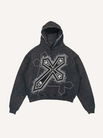 Distressed Washed Skull&Cross Faux Decal Print Slant Pockets Hoodie