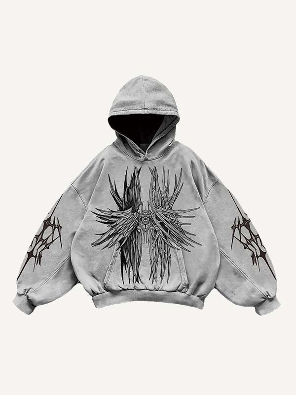 Wing&Eye Print Slant Pockets Hoodie