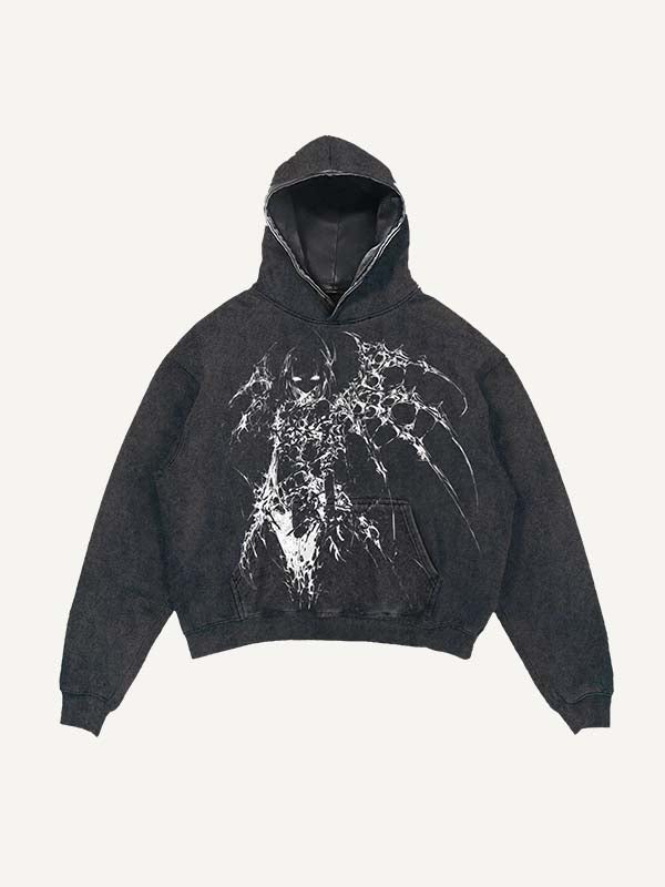 Distressed Washed Figure&Wing Graphic Print Slant Pockets Hoodie
