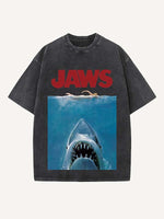 Distressed Washed Figure&Shark&Letter Print Round Neck T-shirt