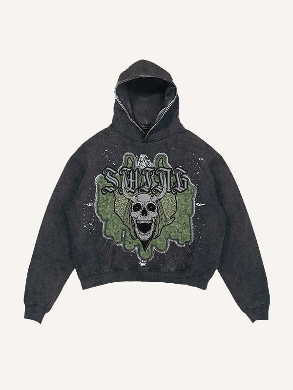Distressed Washed Skull Faux Decal Print Slant Pockets Hoodie