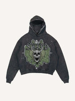 Distressed Washed Skull Faux Decal Print Slant Pockets Hoodie