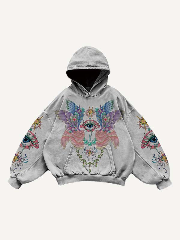 Eye&Wing Print Slant Pockets Hoodie
