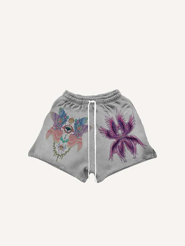 Eye&Wing Print Drawstring Waist Shorts