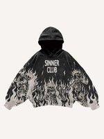 Skeleton&Letter&Fire Print Slant Pockets Hoodie