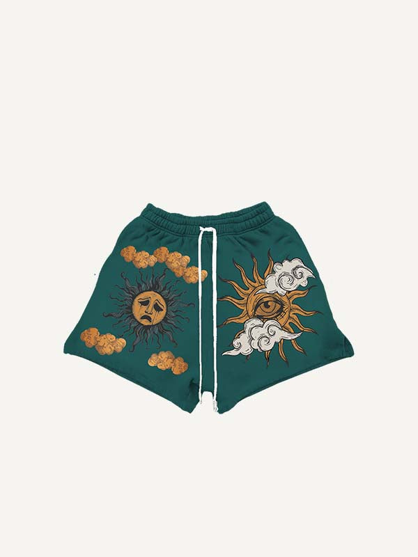 Sad Sun&Eye&Cloud Print Drawstring Waist Shorts