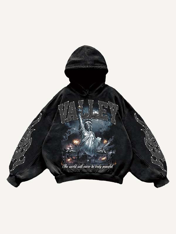 Statue Of Liberty&Letter&Graphic Faux Rhinestones Print Slant Pockets Hoodie