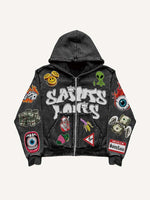 Smiley Face&Alien&Skeleton&Money&Wing&Eyeball&Letter&Graphic Faux Decal Print Zip Up Hooded Coat