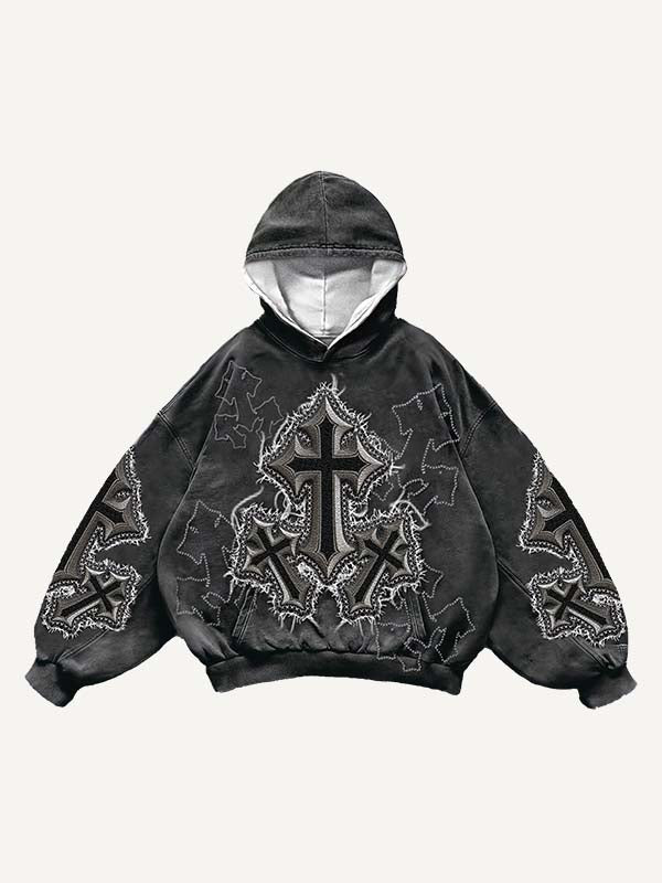 Cross&Angel&Wing&Letter Faux Decal Print Slant Pockets Hoodie