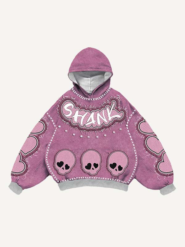 Skull&Heart&Letter Faux Rhinestones Print Faux Decal Print Slant Pockets Hoodie