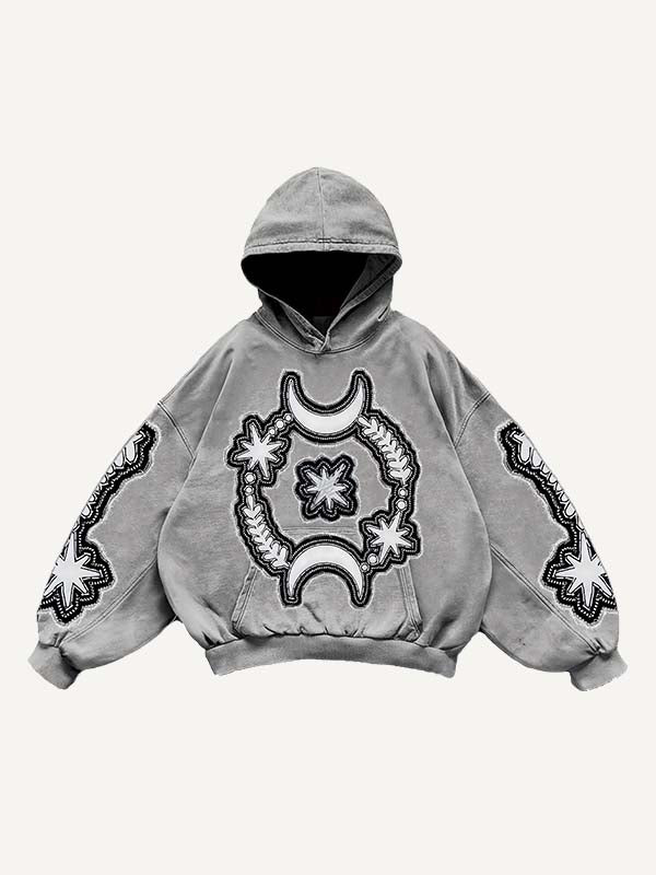 Moon&Star&Eye Faux Decal Print Slant Pockets Hoodie