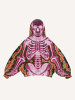 Pink Skeleton Print Slant Pockets Hoodie