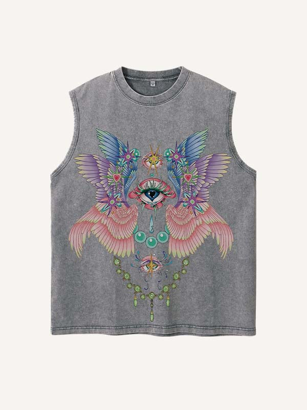 Distressed Washed Eye&Wing Print Round Neck Tank