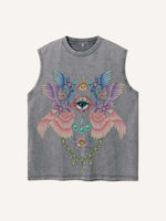 Distressed Washed Eye&Wing Print Round Neck Tank