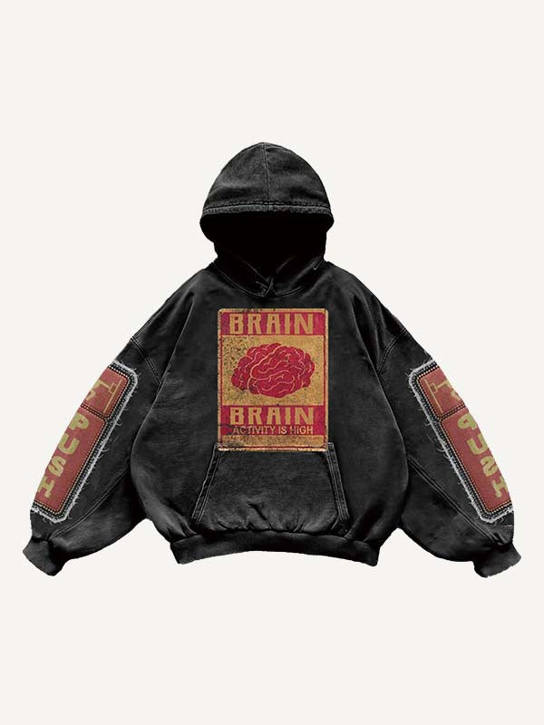 Brain&Letter Graphic Faux Decal Print Slant Pockets Hoodie
