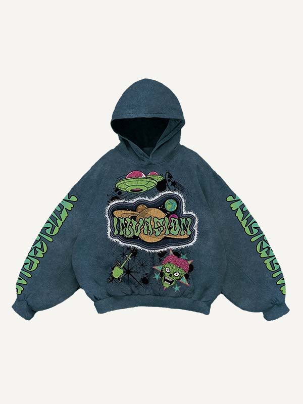 Planet&UFO&Skull&Letter Faux Decal Print Slant Pockets Hoodie