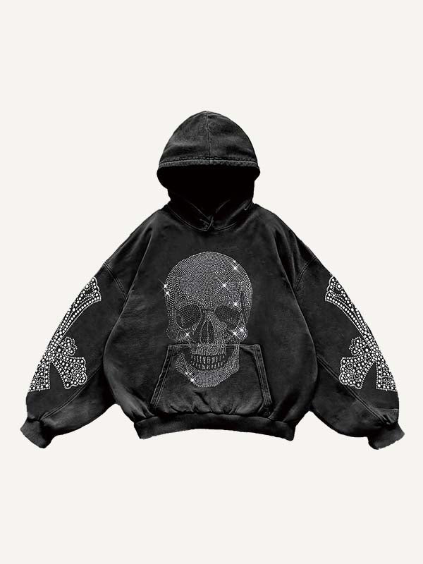 Skull&Wing&Cross Faux Rhinestones Print Slant Pockets Hoodie