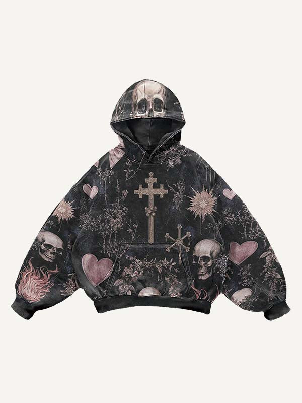 Skull&Fire&Heart&Floral Faux Decal Print Slant Pockets Hoodie